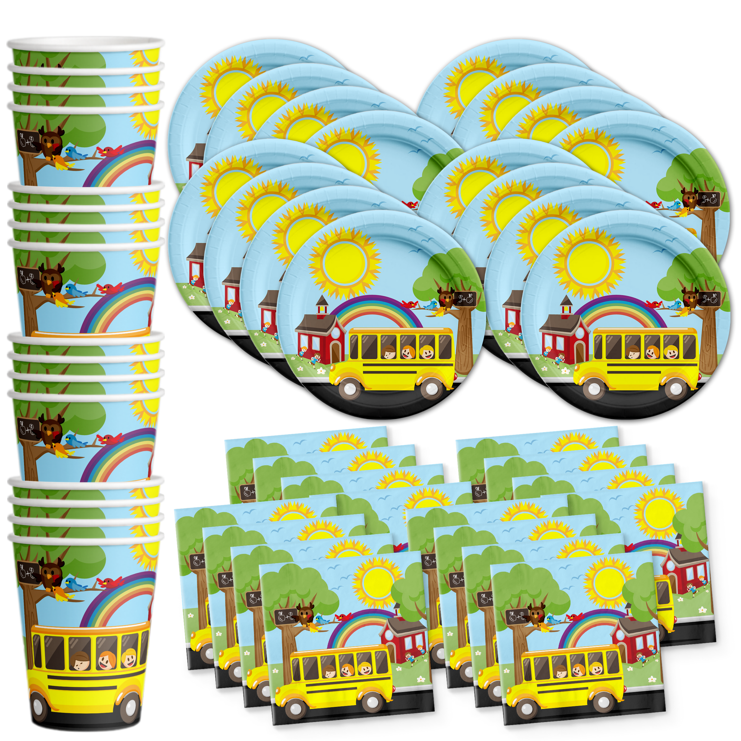School Bus Birthday Party Tableware Kit For 16 Guests - BirthdayGalore.com