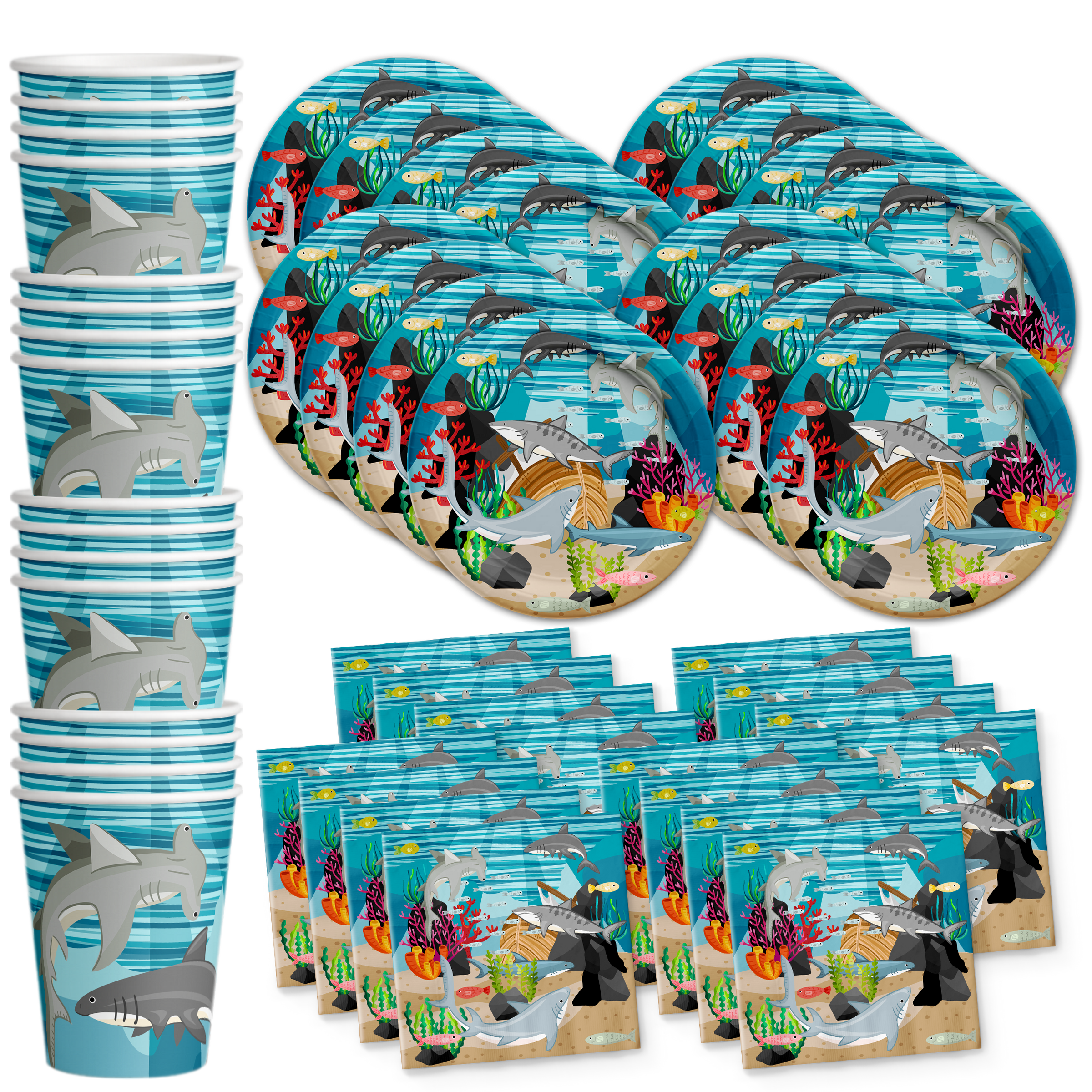 Shark Birthday Party Tableware Kit For 16 Guests - BirthdayGalore.com