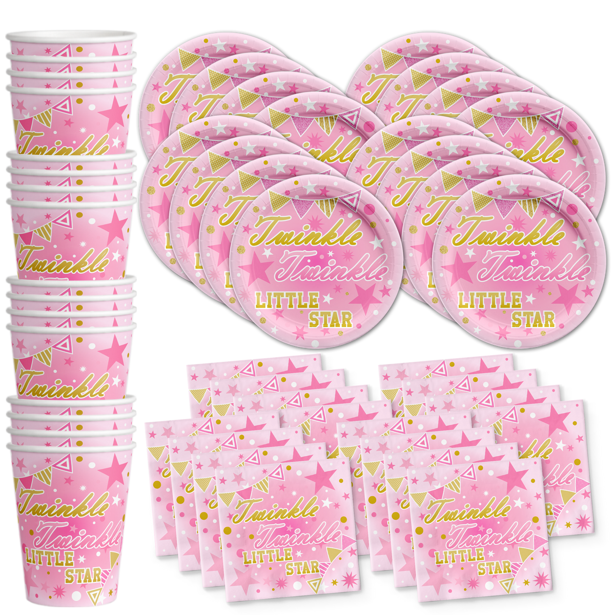 Pink Girl Twinkle Little Star Birthday Party Tableware Kit For 16 Guests - BirthdayGalore.com