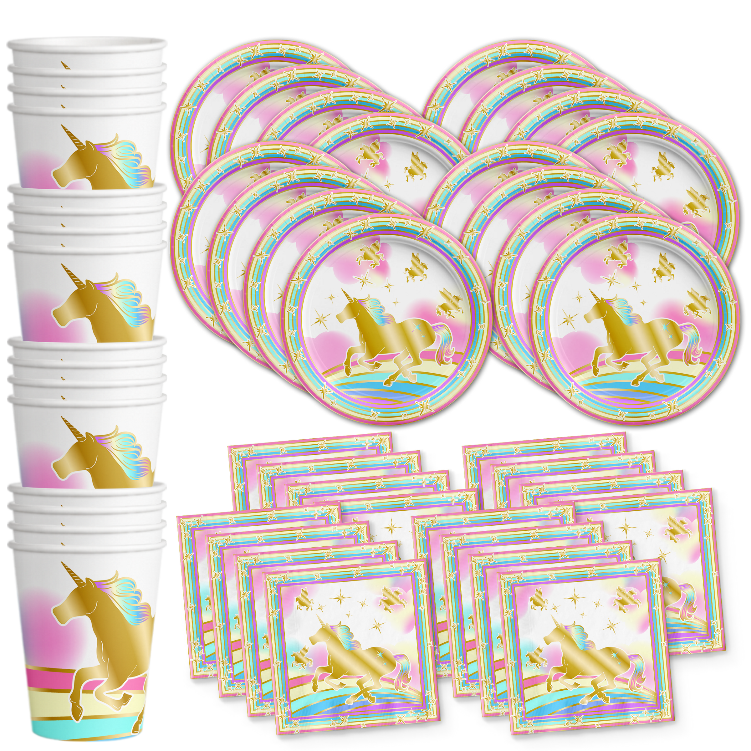 Unicorn Gold Birthday Party Tableware Kit For 16 Guests - BirthdayGalore.com