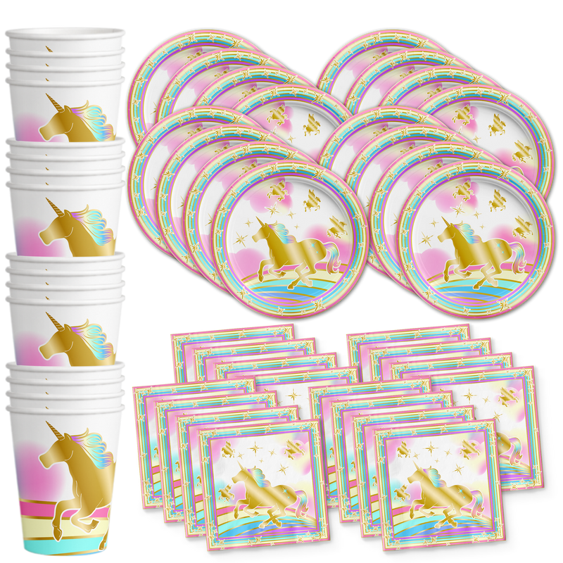 Unicorn Gold Birthday Party Tableware Kit For 16 Guests - BirthdayGalore.com