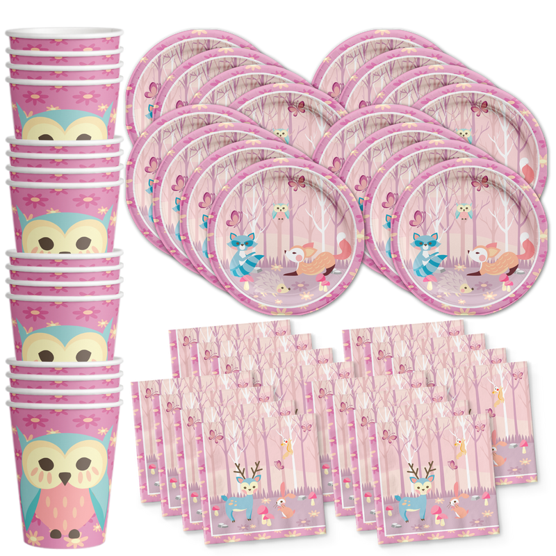 Girl Woodland Animals Birthday Party Tableware Kit For 16 Guests - BirthdayGalore.com