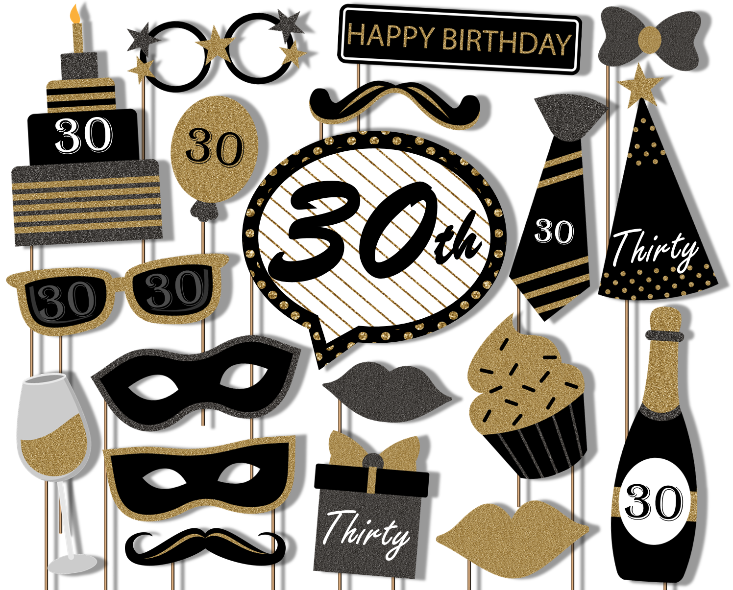 30th-birthday-black-gold-photo-booth-props-20pcs-assembled